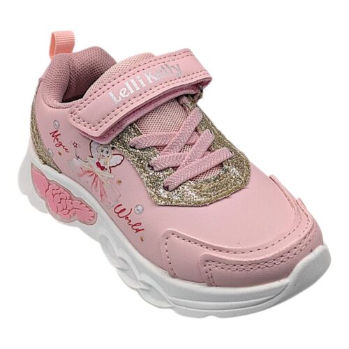 Scarpa sportiva bambina rosa con ballerina, scritta, dettagli dorati, lacci elastici e strappo – Lelli Kelly
