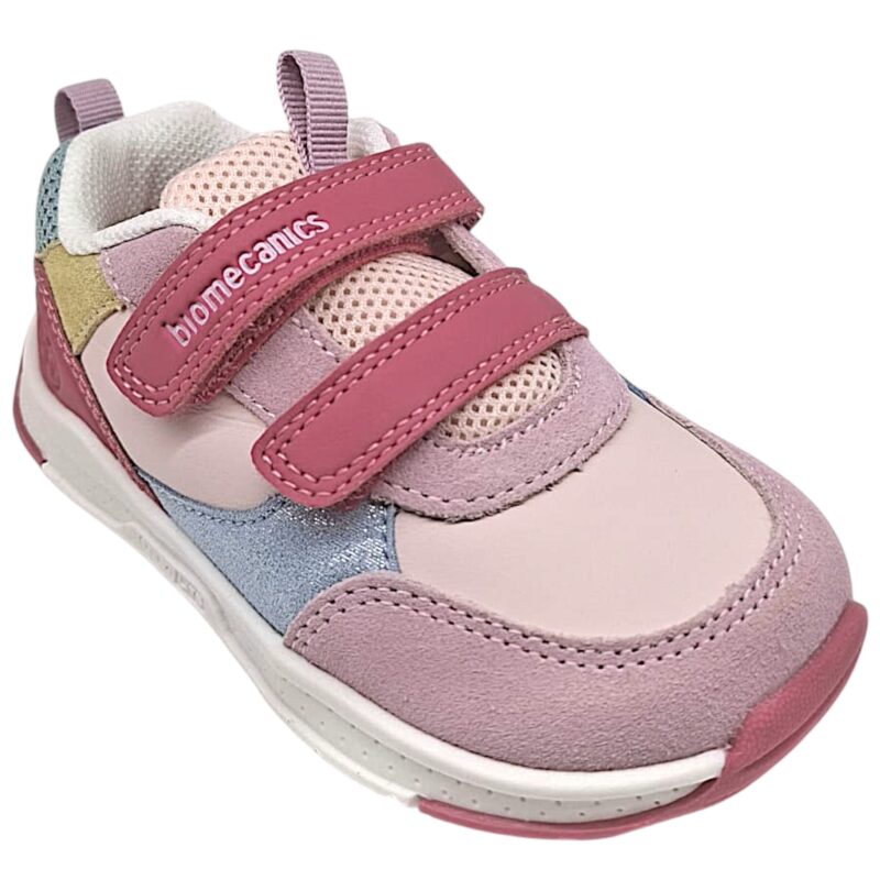 Scarpe sportive a pianta larga rosa-fucsia-celeste per bambina con due strappi - Biomecanics 1 Scarpe sportive a pianta larga rosa-fucsia-celeste per bambina con due strappi - Biomecanics
