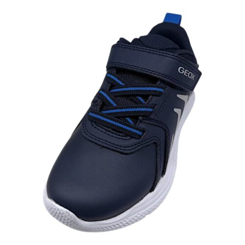 Scarpe sportive blu retate per bambino con inserti argento, strappo e lacci elastici - Geox