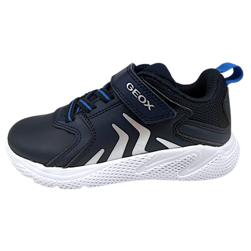 Scarpe sportive blu retate per bambino-ragazzo con inserti argento, strappo e lacci elastici - Geox 3 Scarpe sportive blu retate per bambino con inserti argento, strappo e lacci elastici - Geox