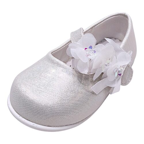 Scarpetta baby da cerimonia per bambina bianco cangiante effetto tessuto con fascia floreale – Giardino d'Oro