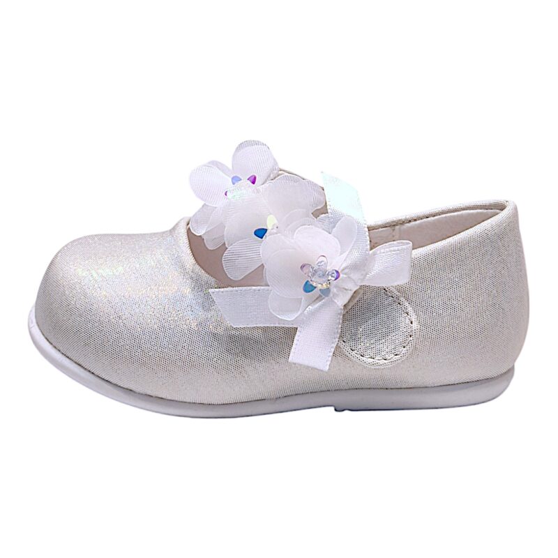 Scarpetta baby bianco cangiante da cerimonia per bambina effetto tessuto con fascia floreale – Giardino d'Oro 3 Scarpetta baby da cerimonia per bambina bianco cangiante effetto tessuto con fascia floreale – Giardino d'Oro