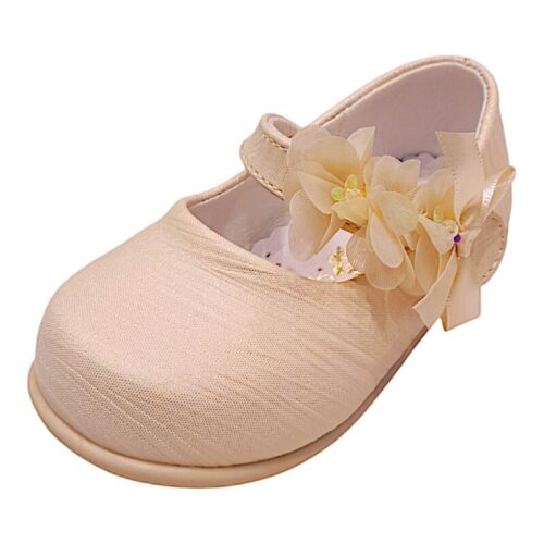 Scarpetta bambina in tessuto da cerimonia platino glitter con fascia e fiori – Giardino d'oro