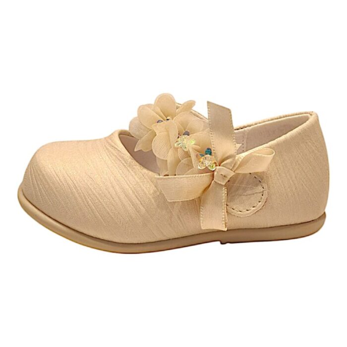 Scarpetta bambina in tessuto da cerimonia platino glitter con fascia e fiori – Giardino d'oro