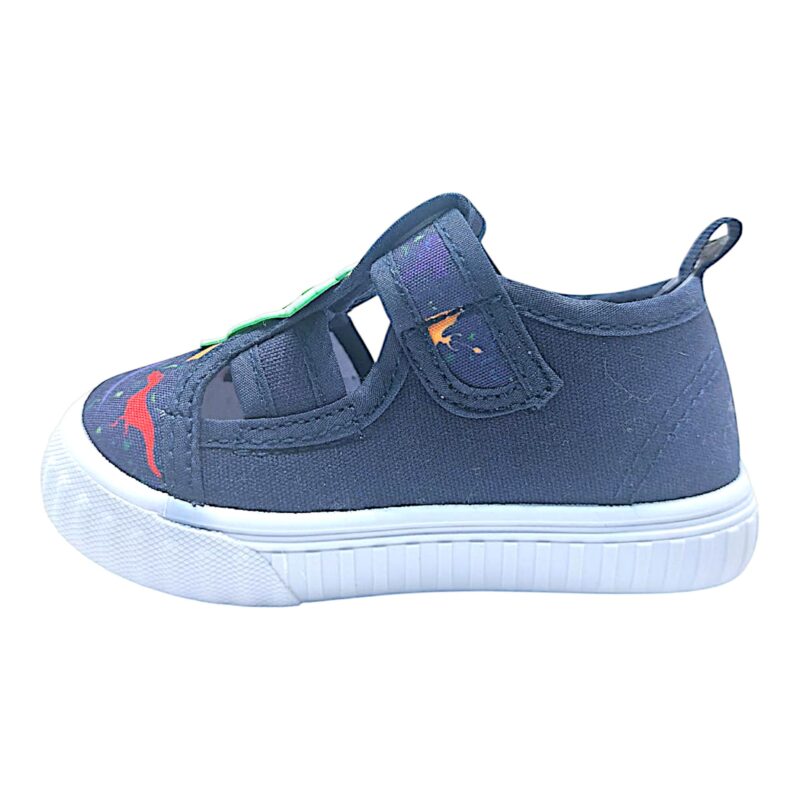Scarpetta blu in tessuto per bambino con dinosauro in rilievo, dinosauri multicolor e strappo – Giardino d'Oro 3 Scarpetta blu in tessuto per bambino con dinosauro in rilievo, dinosauri multicolor e strappo – Giardino d'Oro