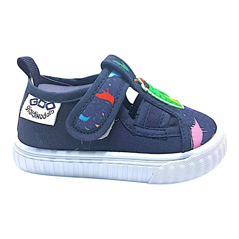 Scarpetta blu in tessuto per bambino con dinosauro in rilievo, dinosauri multicolor e strappo – Giardino d'Oro 2 Scarpetta blu in tessuto per bambino con dinosauro in rilievo, dinosauri multicolor e strappo – Giardino d'Oro