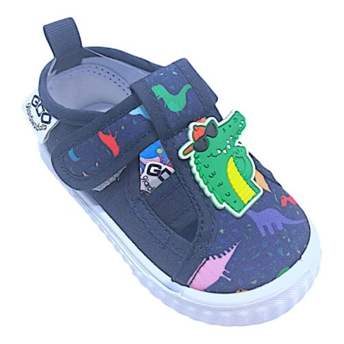 Scarpetta blu in tessuto per bambino con dinosauro in rilievo, dinosauri multicolor e strappo – Giardino d'Oro 16 Scarpetta blu in tessuto per bambino con dinosauro in rilievo, dinosauri multicolor e strappo – Giardino d'Oro