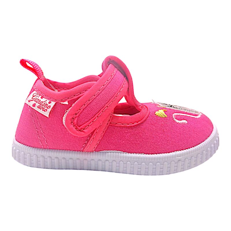 Scarpetta da casa per bambina in tessuto fucsia con gattino glitter e strappo – Giardino d'Oro 2 Scarpetta casa per bambina in tessuto fuxia con gattino glitter e strappo – Giardino d'Oro