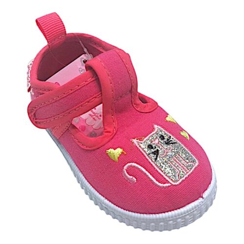 Scarpetta da casa per bambina in tessuto fucsia con gattino glitter e strappo – Giardino d'Oro 2 Scarpetta casa per bambina in tessuto fuxia con gattino glitter e strappo – Giardino d'Oro