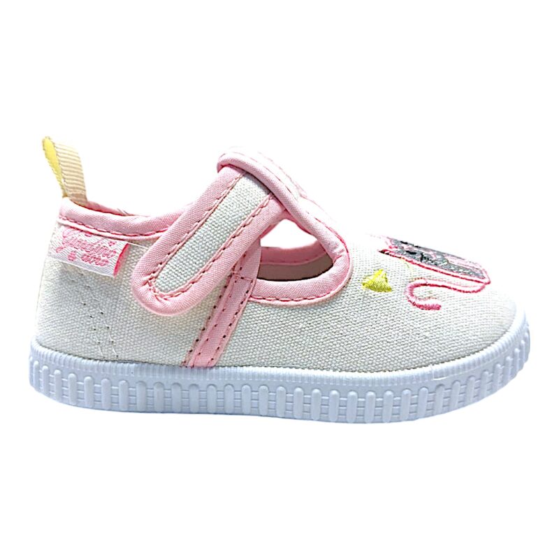 Scarpetta casa per bambina primi passi in tessuto bianco latte-rosa con gattino glitter e strappo – Giardino d'Oro 2 Scarpetta casa per bambina primi passi in tessuto bianco latte-rosa con gattino glitter e strappo – Giardino d'Oro