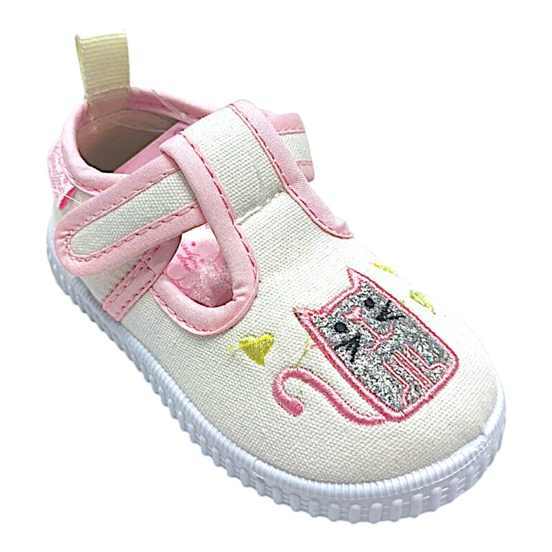 Scarpetta casa per bambina primi passi in tessuto bianco latte-rosa con gattino glitter e strappo – Giardino d'Oro 1 Scarpetta casa per bambina primi passi in tessuto bianco latte-rosa con gattino glitter e strappo – Giardino d'Oro