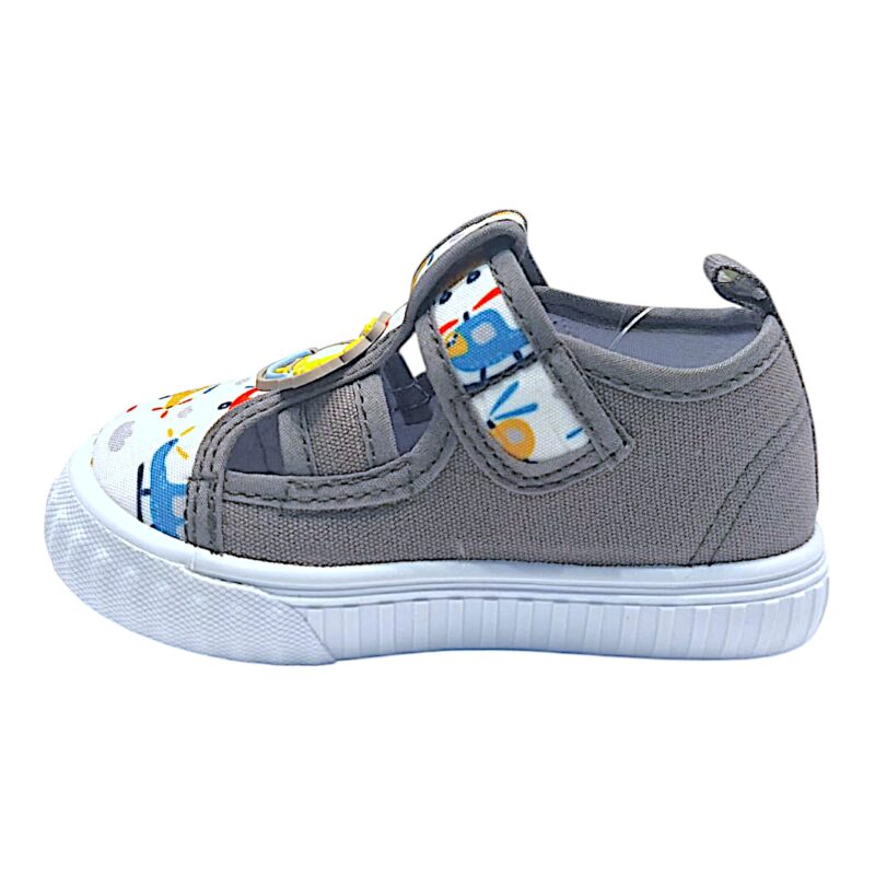 Scarpetta grigio-bianco in tessuto per bambino con elicottero in rilievo, fantasia di elicotteri e strappo – Giardino d'Oro 3 Scarpetta in tessuto bambino grigia con elicottero in rilievo, fantasia di elicotteri e strappo – Giardino d'Oro