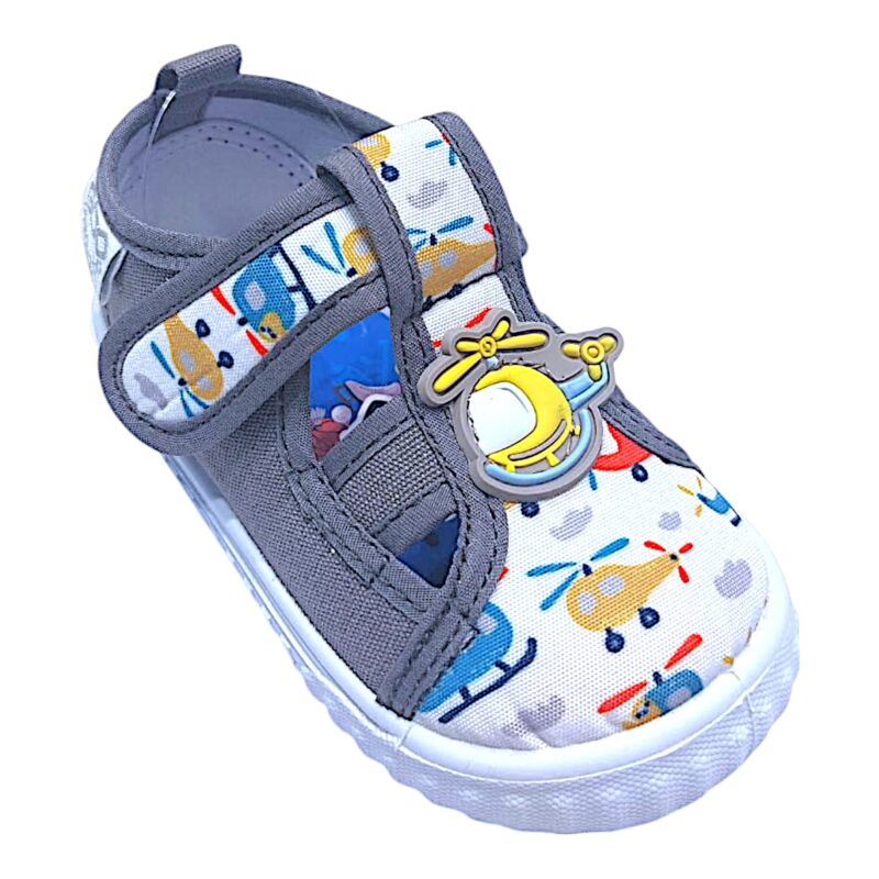 Scarpetta grigio-bianco in tessuto per bambino con elicottero in rilievo, fantasia di elicotteri e strappo – Giardino d'Oro 1 Scarpetta in tessuto bambino grigia con elicottero in rilievo, fantasia di elicotteri e strappo – Giardino d'Oro