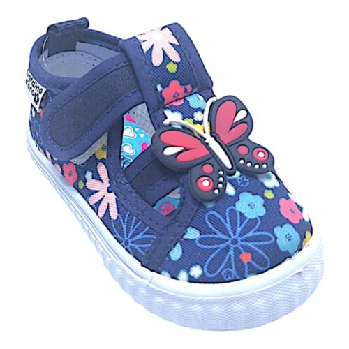 Scarpetta blu in tessuto per bambina con farfalla in rilievo, fantasia floreale e strappo – Giardino d'Oro 16 Scarpetta in tessuto per bambina blu con farfalla in rilievo, fantasia floreale e strappo – Giardino d'Oro