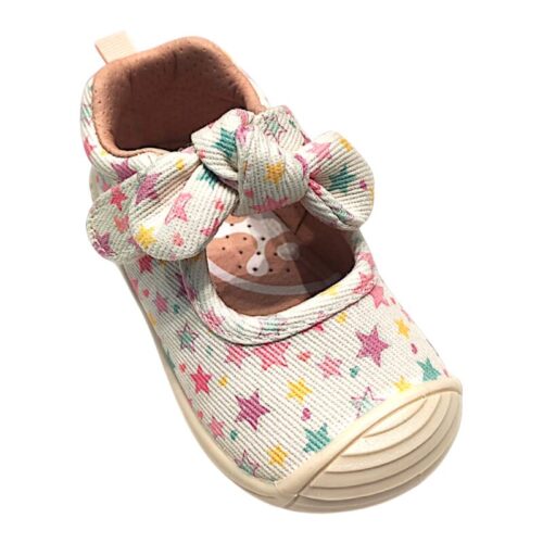 Scarpetta per bambina primi passi in tessuto bianco con stelle multicolor e strappo – Biomecanics