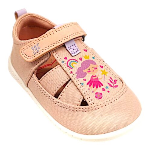 Scarpetta ragnetto barefoot bimba in tessuto rosa con fatina multicolor e strappo– GARVALIN