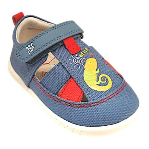 Scarpetta ragnetto barefoot bimbo in tessuto blu indigo, rosso, camaleonte multicolor e strappo – GARVALIN