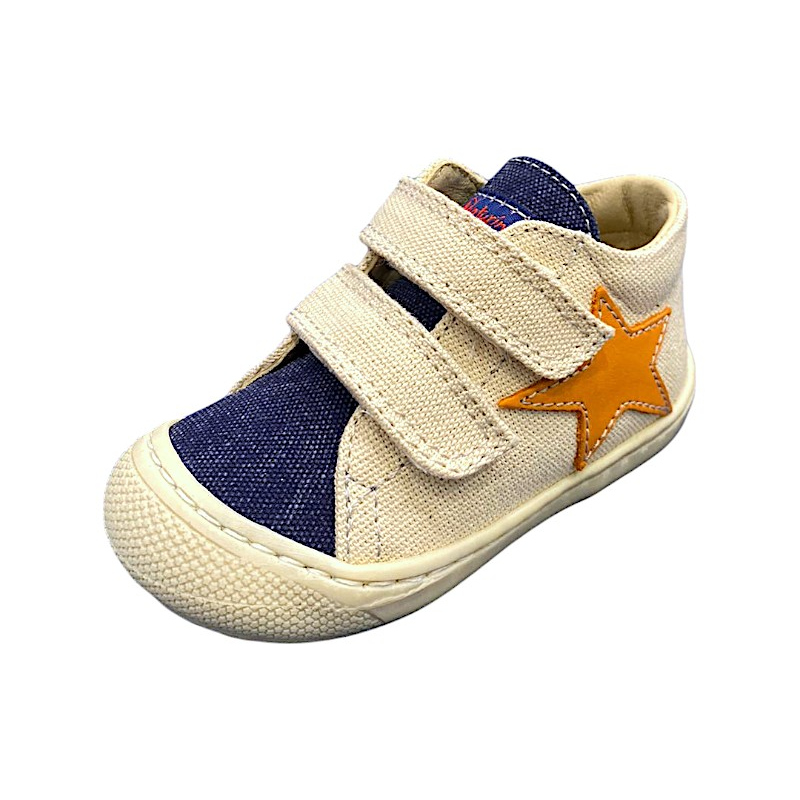 Scarpe sneakers cocoon canvas in tessuto panna e celeste per bambino con stella arancio e due strappi - Naturino 1 Scarpine sneakers cocoon canvas in tessuto panna e celeste per bambino con stella arancio e due strappi - Naturino