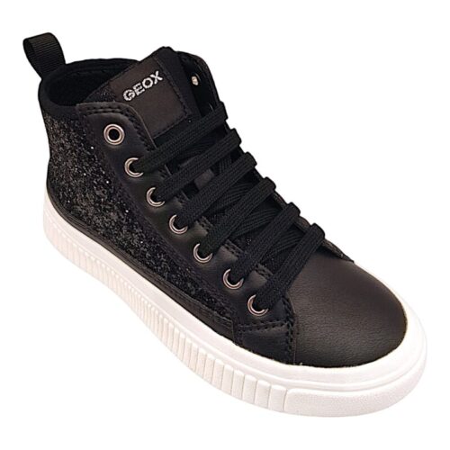 Sneaker ginnica alta per ragazza retata total black glitter con strappo e lacci elastici - Geox 3 Sneaker alta per ragazza nero glitter con lacci e zip laterale - Geox