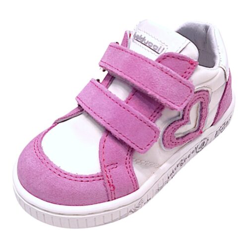 Sneaker bambina primi passi in pelle rosa e bianca con cuore sul lato - Balducci