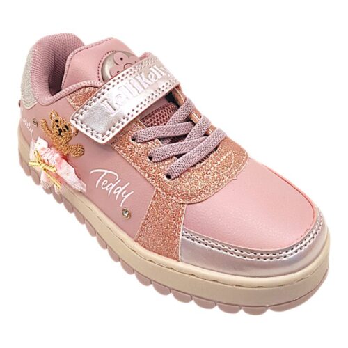 Sneaker bambina rosa cipria con glitter, orsetto ballerina, lacci elastici e strappo – Lelli Kelly
