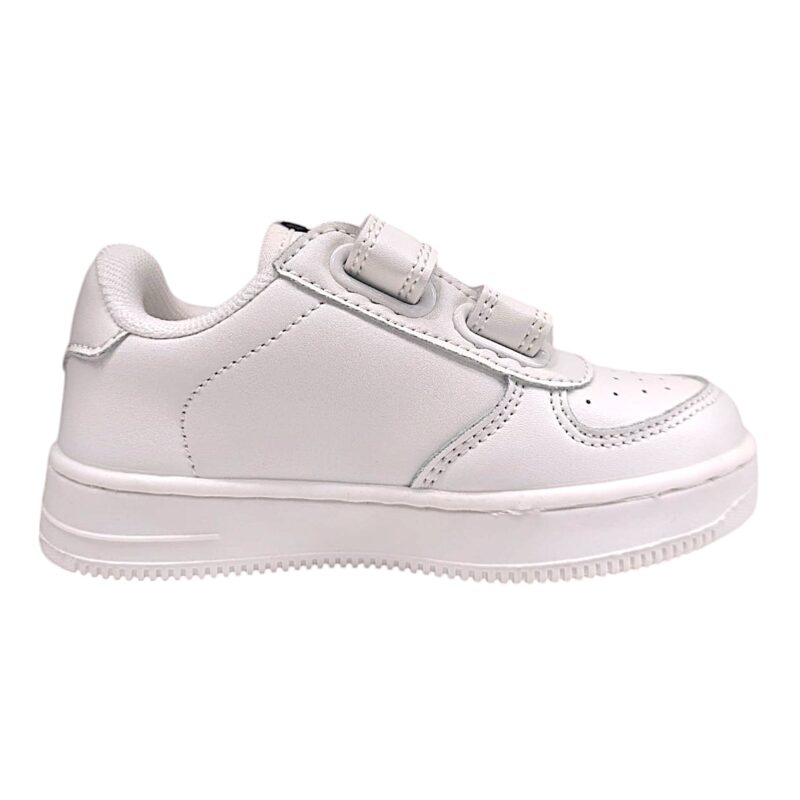 Sneaker total white in similpelle per bambino e bambina con doppio strappo – Victoria 2 Sneaker bianca in similpelle per bambino e bambina con doppio strappo – Victoria