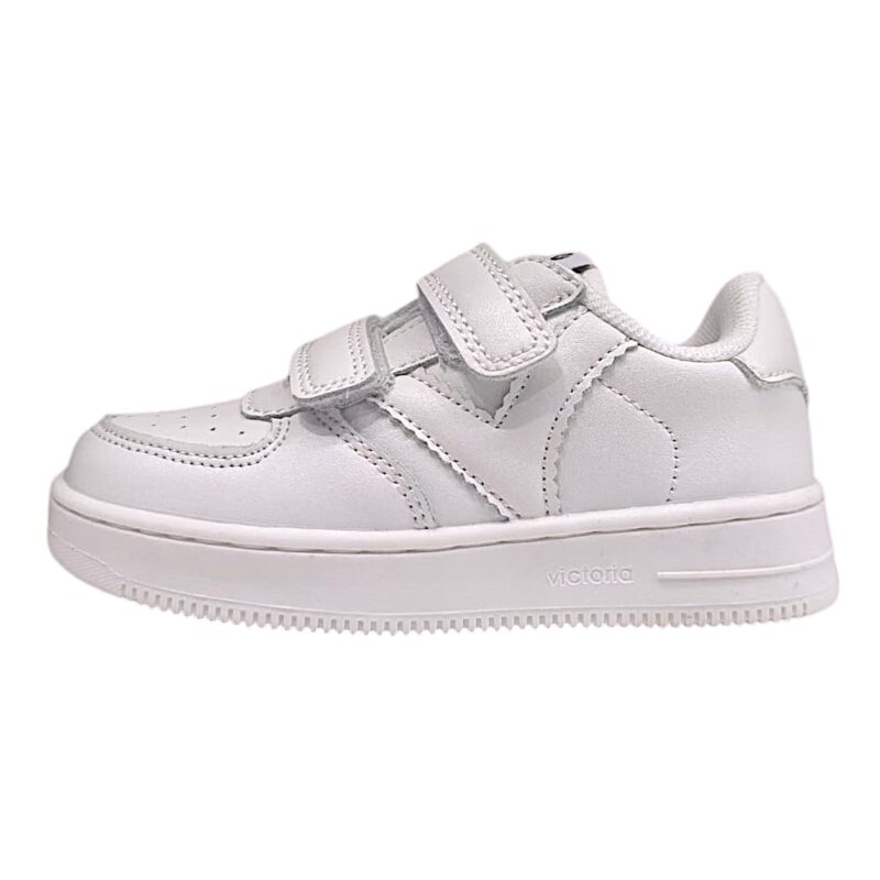 Sneaker total white in similpelle per bambino e bambina con doppio strappo – Victoria 3 Sneaker bianca in similpelle per bambino e bambina con doppio strappo – Victoria