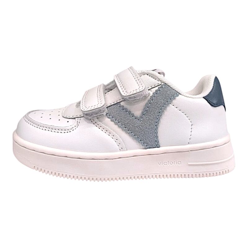 Sneaker bianca in similpelle per bambino e bambina con inserto verde jade e doppio strappo – Victoria 3 Sneaker bianca in similpelle per bambino e bambina con inserto verde jade e doppio strappo – Victoria