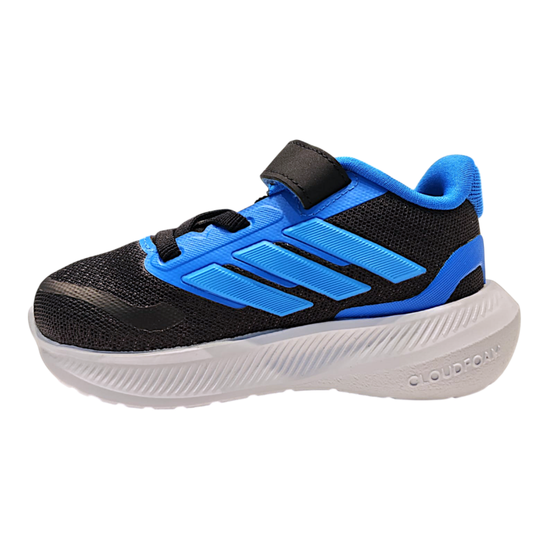 Sneaker primi passi blu-nera retata per bambino con strappo e lacci elastici – Adidas 3 Sneaker blu-nera retata per bambino con strappo e lacci elastici – Adidas