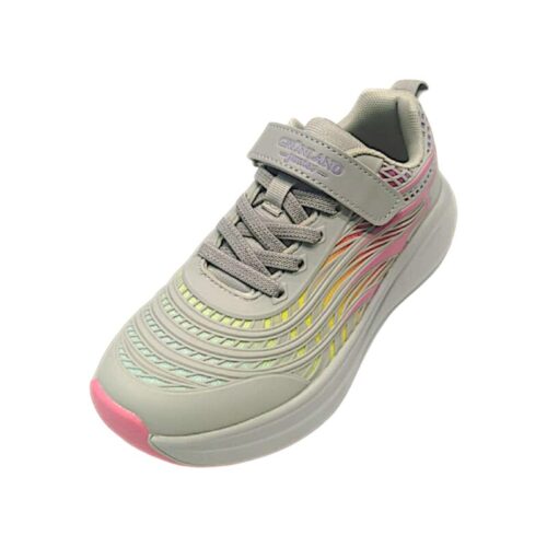 Sneaker da ginnastica grigio-rosa per bambina con dettagli multicolore, lacci elastici e strappo – Grünland