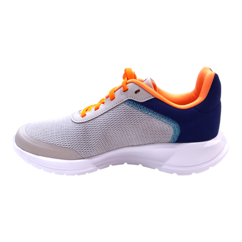 Scarpa da ginnastica retata grigia-blu-arancione per bambino con lacci elastici – Adidas 3 Sneaker grigia-blu-arancione per bambino in tessuto e similpelle con lacci – Adidas