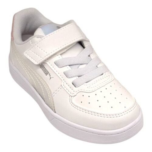 Sneaker in similpelle bianca per bambina con dettagli silver holographic, strappo e lacci elastici - Puma