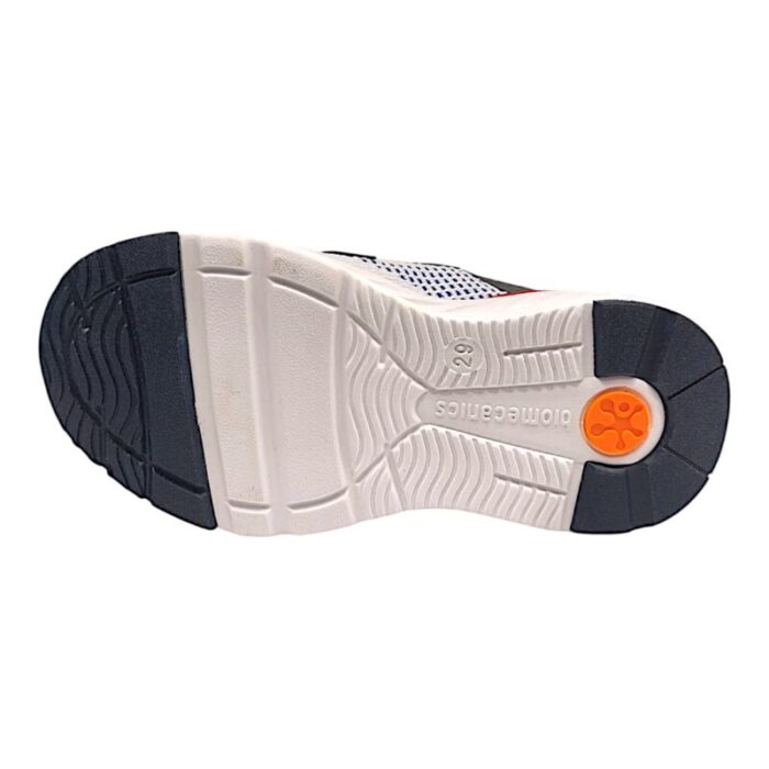 Sneaker in tessuto bianco-blu con dettagli blu petrolio-rosso e doppio strappo – Biomecanics