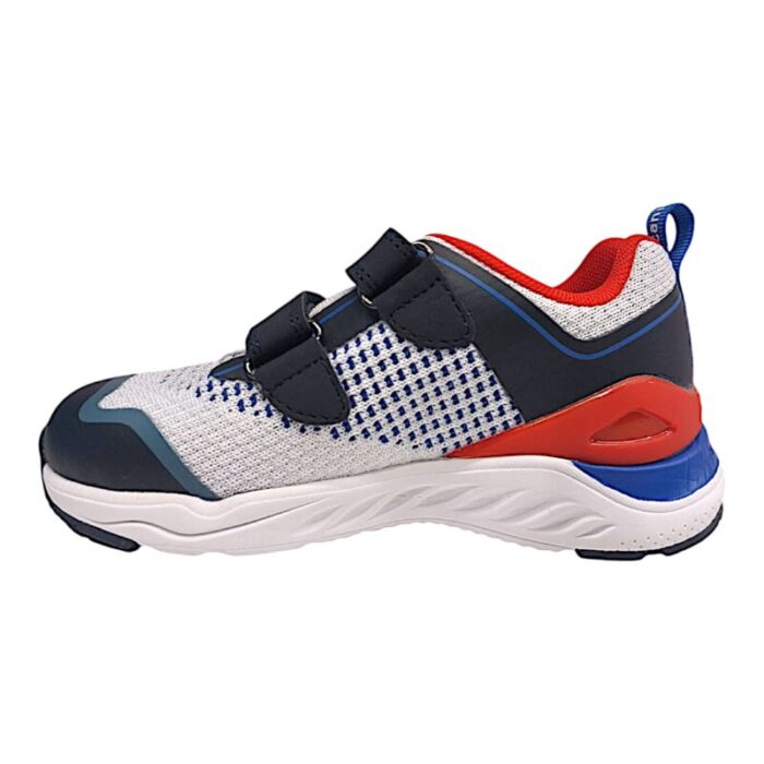 Sneaker in tessuto bianco-blu con dettagli blu petrolio-rosso e doppio strappo – Biomecanics