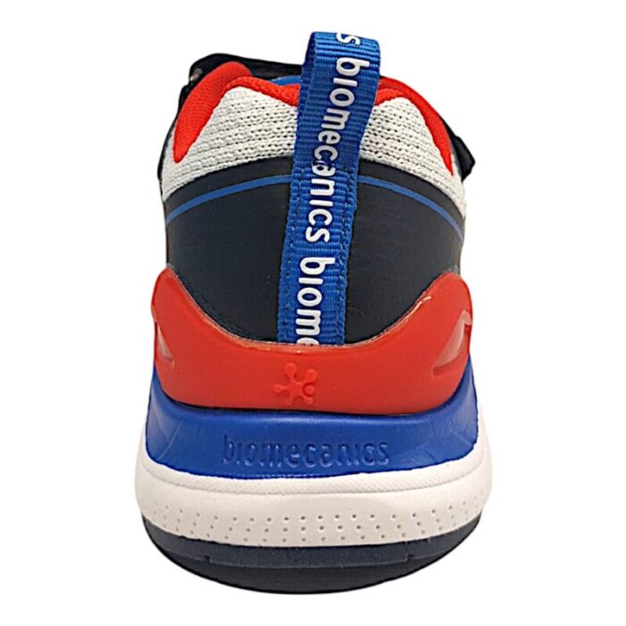 Sneaker in tessuto bianco-blu con dettagli blu petrolio-rosso e doppio strappo – Biomecanics