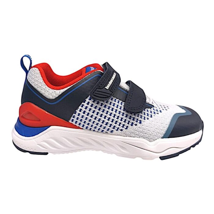 Sneaker in tessuto bianco-blu con dettagli blu petrolio-rosso e doppio strappo – Biomecanics