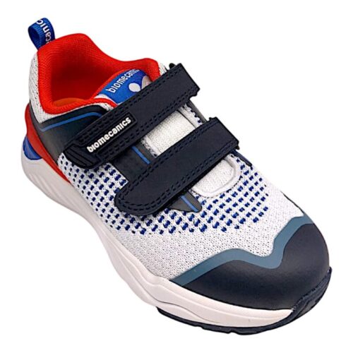 Sneaker in tessuto bianco-blu con dettagli blu petrolio-rosso e doppio strappo – Biomecanics