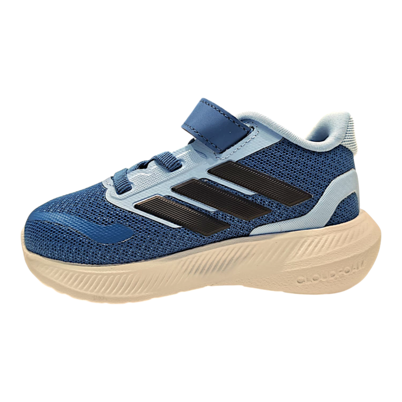 Sneaker primi passi nera-azzurra-indaco retata per bambino con strappo e lacci elastici – Adidas 3 Sneaker nera-azzurro-indaco per bambino in tessuto e similpelle con strappo e lacci elastici – Adidas