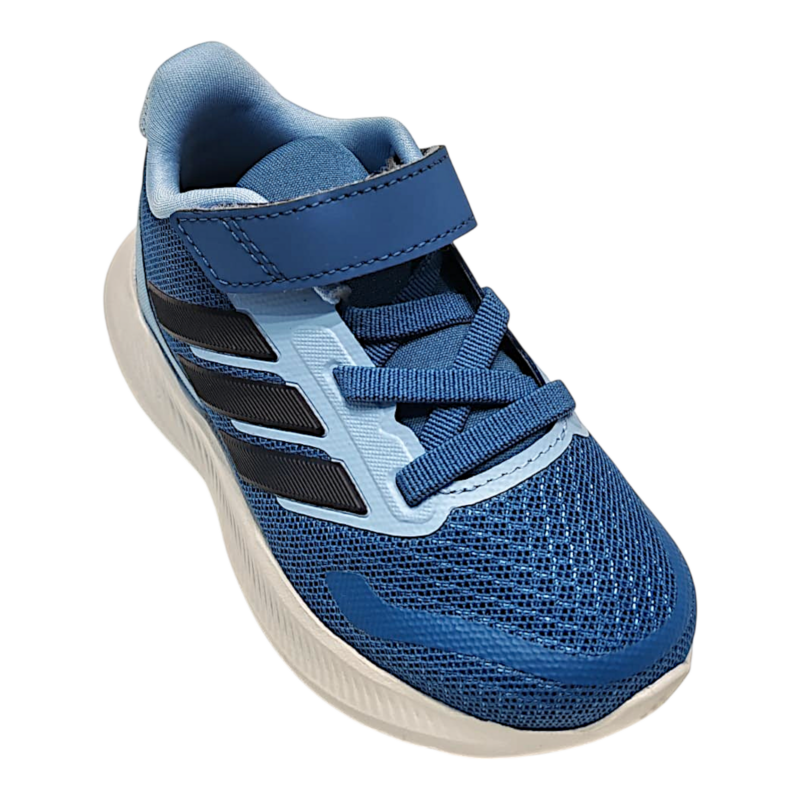 Sneaker primi passi nera-azzurra-indaco retata per bambino con strappo e lacci elastici – Adidas 1 Sneaker nera-azzurro-indaco per bambino in tessuto e similpelle con strappo e lacci elastici – Adidas