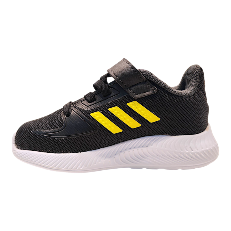 Sneaker retata nera-gialla primi passi per bambino con strappo e lacci elastici – Adidas 3 Sneaker nera-gialla in tessuto e similpelle per bambino con strappo e lacci elastici – Adidas