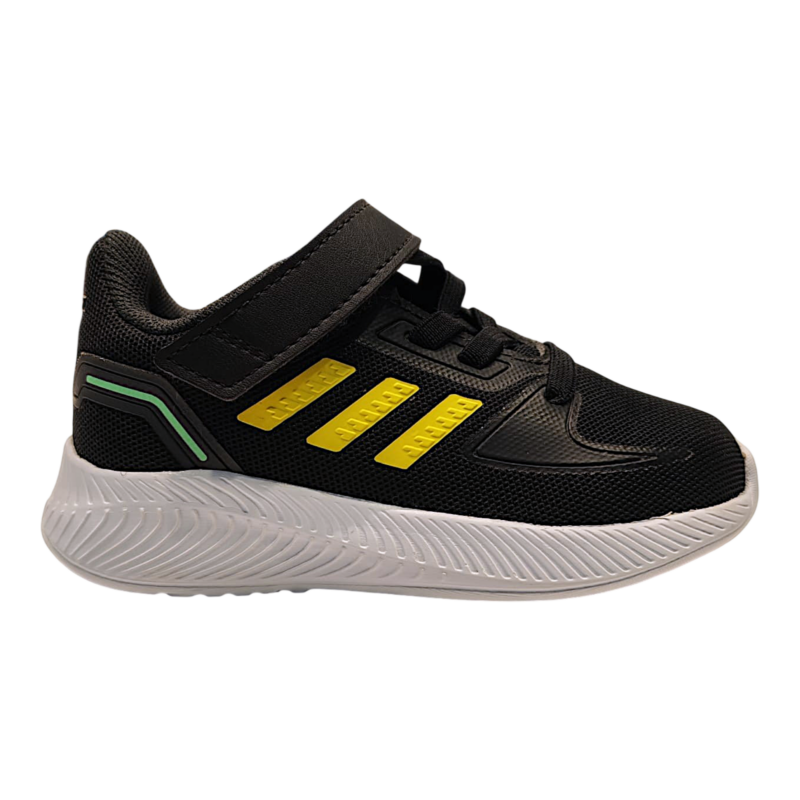 Sneaker retata nera-gialla primi passi per bambino con strappo e lacci elastici – Adidas 2 Sneaker nera-gialla in tessuto e similpelle per bambino con strappo e lacci elastici – Adidas