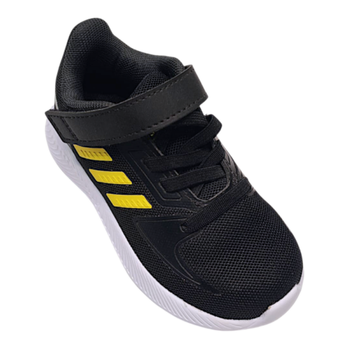 Sneaker retata nera-gialla primi passi per bambino con strappo e lacci elastici – Adidas 1 Sneaker nera-gialla in tessuto e similpelle per bambino con strappo e lacci elastici – Adidas