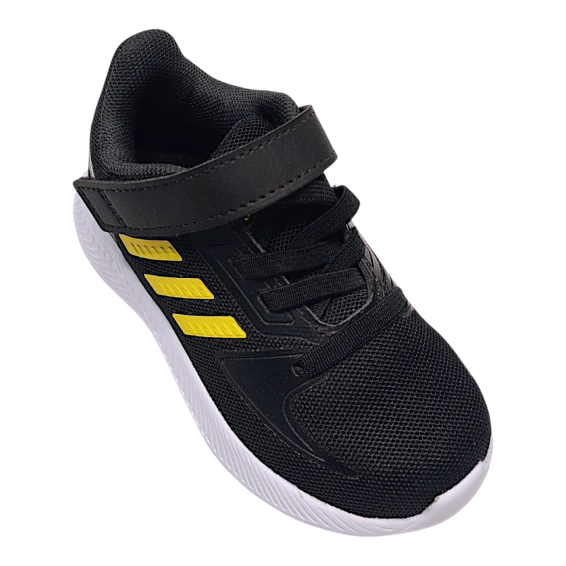Sneaker retata nera-gialla primi passi per bambino con strappo e lacci elastici – Adidas 1 Sneaker nera-gialla in tessuto e similpelle per bambino con strappo e lacci elastici – Adidas