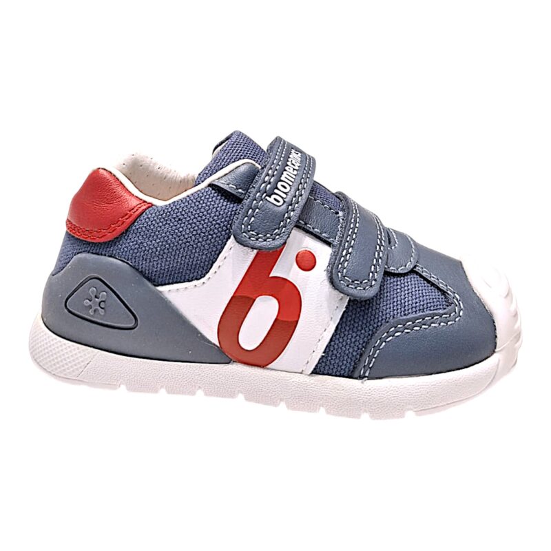 Sneaker per bambino primi passi in tessuto blu petrolio-rosso-bianco con doppio strappo – Biomecanics 2 Sneaker per bambino primi passi in tessuto blu petrolio-rosso-bianco con doppio strappo – Biomecanics