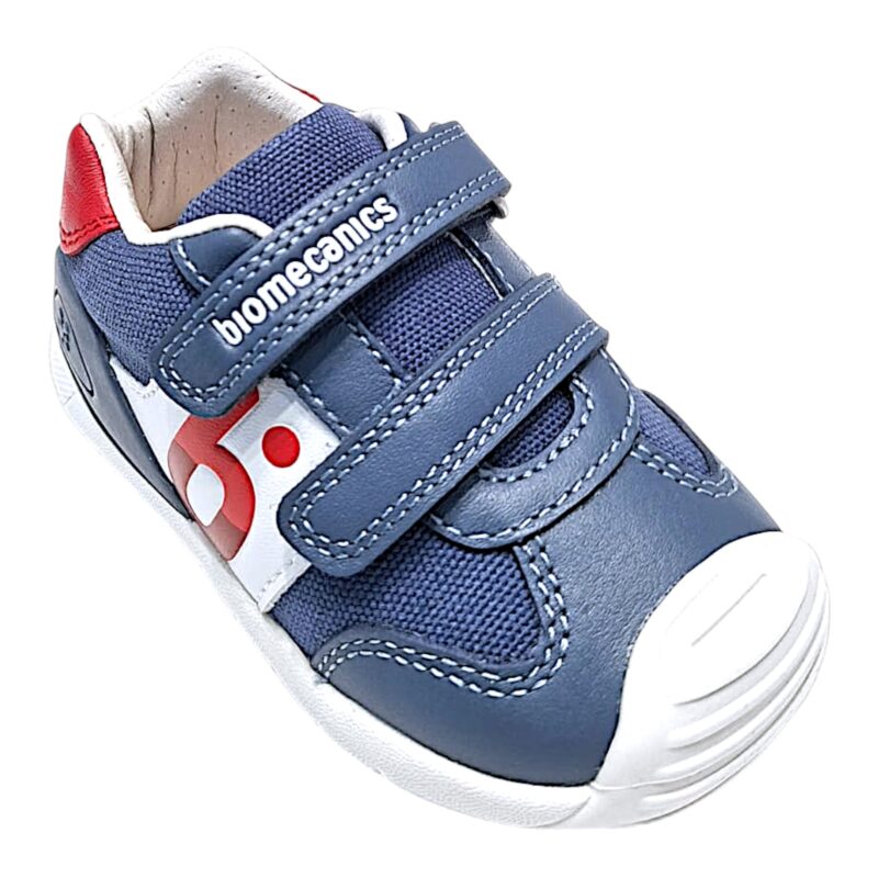 Sneaker per bambino primi passi in tessuto blu petrolio-rosso-bianco con doppio strappo – Biomecanics 1 Sneaker per bambino primi passi in tessuto blu petrolio-rosso-bianco con doppio strappo – Biomecanics