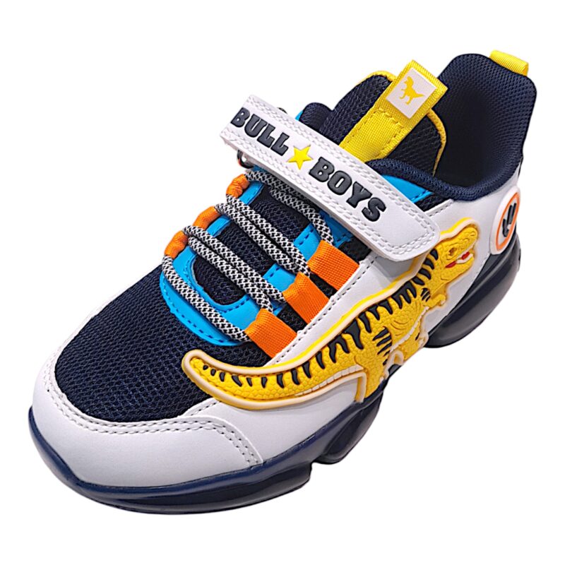 Sneaker per bambino retata T-Rex bianco-blu-multicolor con luci e suono roar – Bull Boys