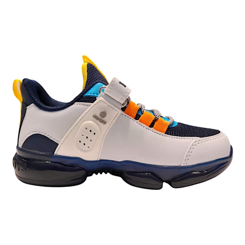 Sneaker per bambino retata T-Rex bianco-blu-multicolor con luci e suono roar – Bull Boys