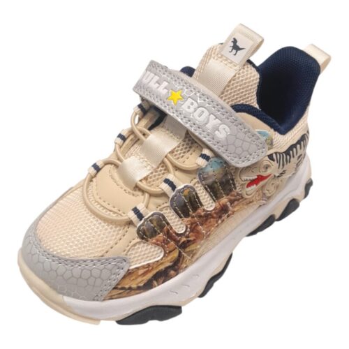 Sneaker per bambino retata t-rex beige-grigio con luci e suono roar – Bull Boys