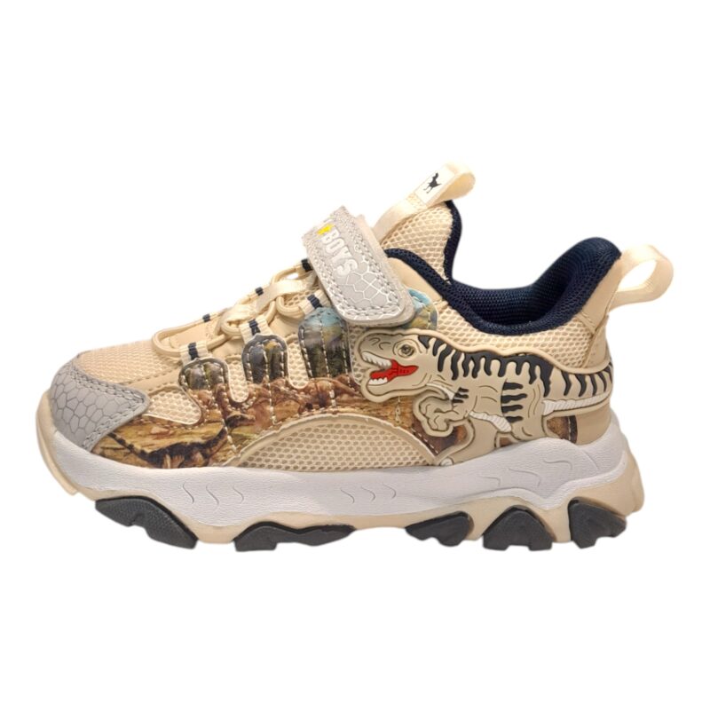 Sneaker per bambino retata t-rex beige-grigio con luci e suono roar – Bull Boys