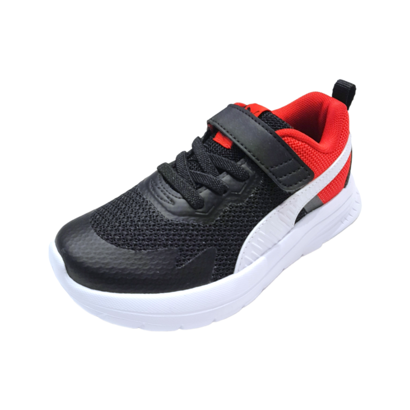 Sneaker sportiva in tessuto retato nera-rossa per bambino con dettagli bianchi, strappo e lacci elastici - Puma 1 Sneaker per bambino sportiva in tessuto retato nera-rossa con dettagli bianchi, strappo e lacci elastici - Puma
